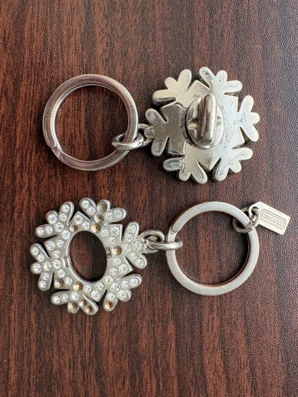 COACH Vintage Silver Crystal Snowflake Turnlock Detachable Valet Keychain Charm